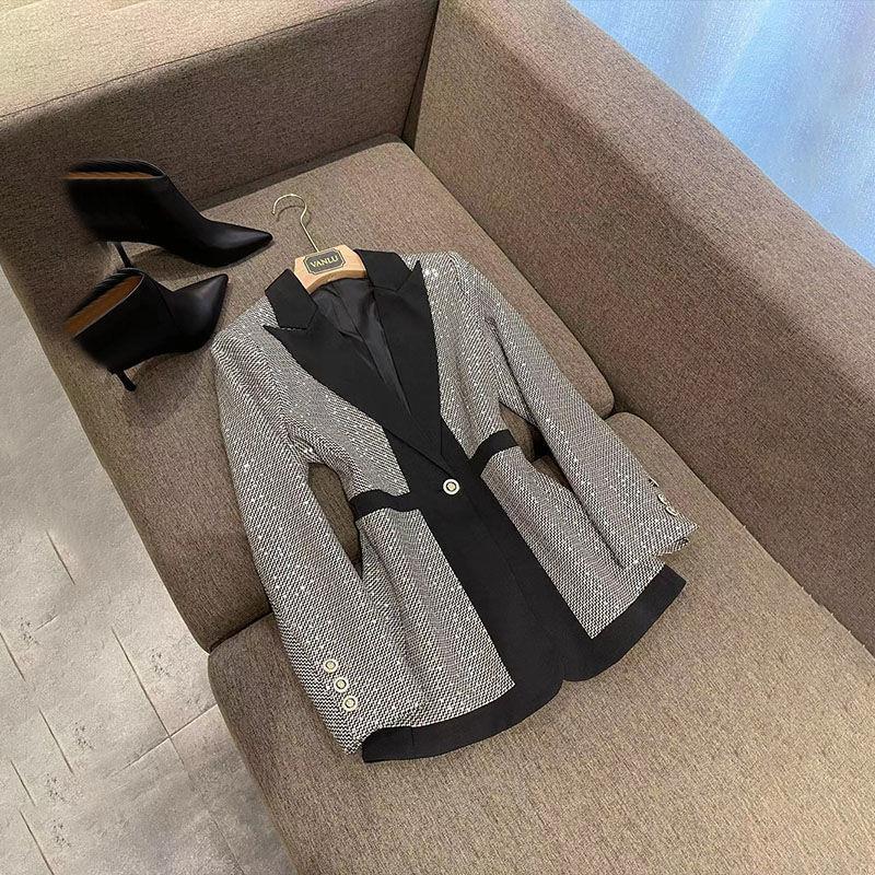 Plus Size Women's Plaid Colorblock Polyester Pants Suit with Buttons