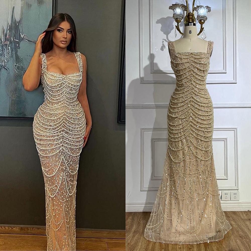 Nude Elegant High-End Pearl Beaded Sling Dress