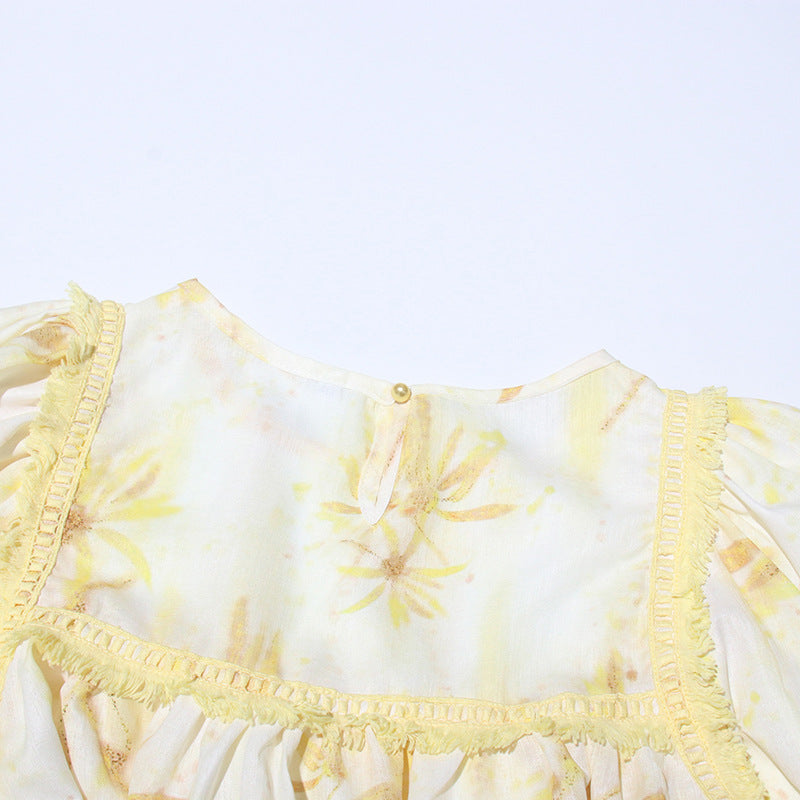 Women’s Fashion Floral Ruffles Skirt Suit with Lantern Sleeves