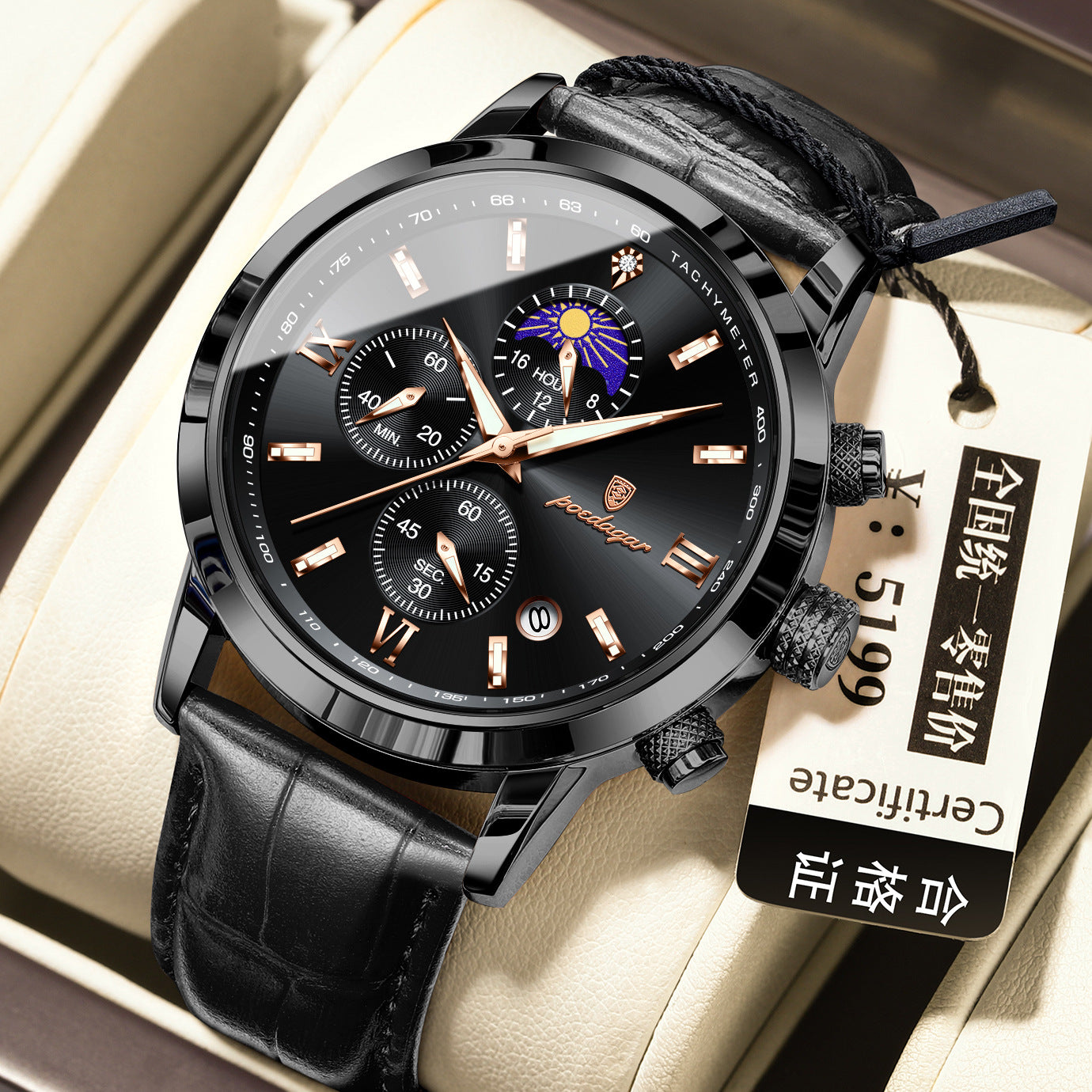 Men's 42mm Alloy Watch with Moon Phase & Multi-Function Chronograph
