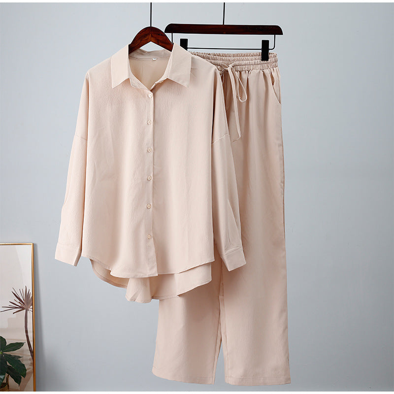 Loose Elastic Wrinkle Long-Sleeve Shirt & Wide-Leg Pants Casual Suit