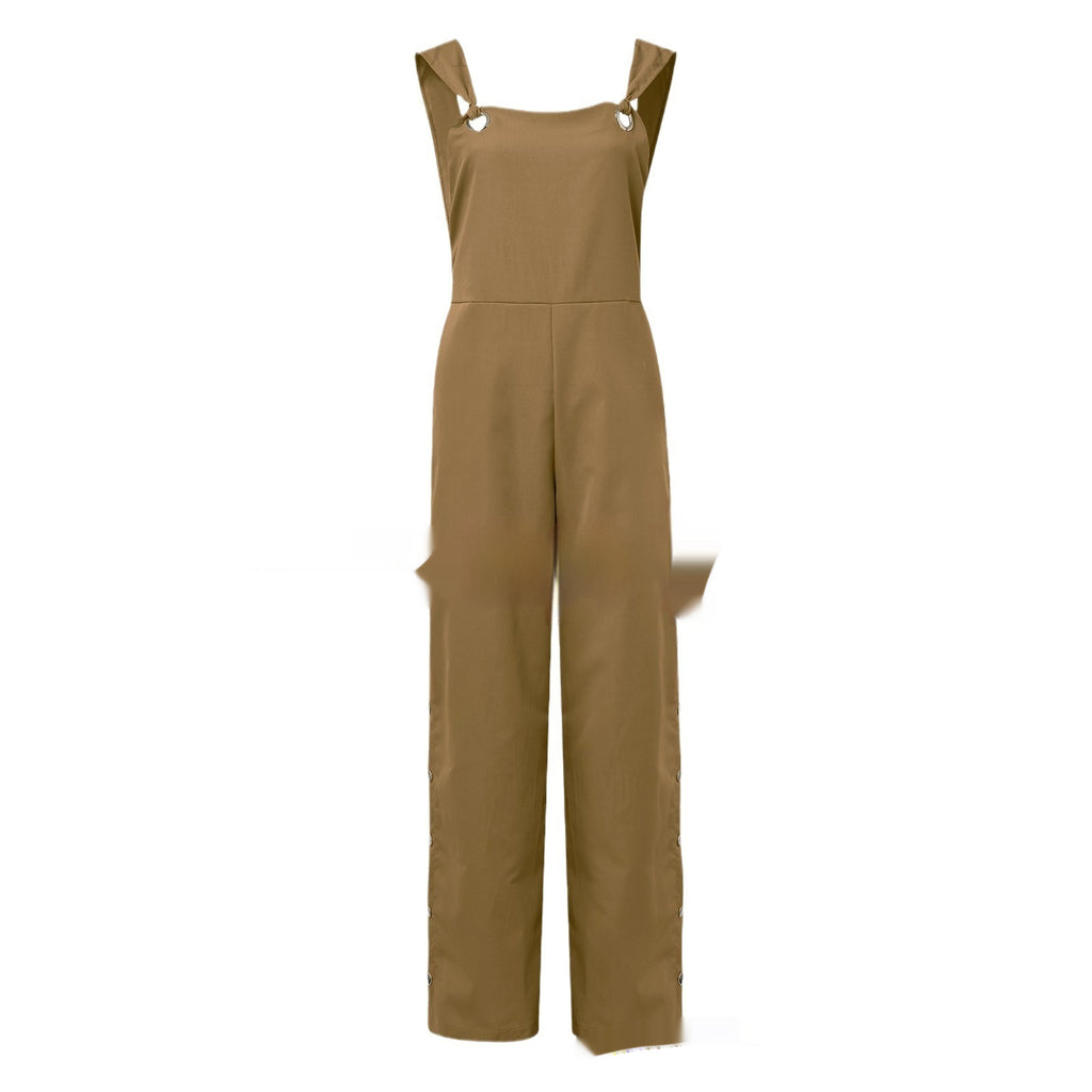 Women's Sleeveless Solid Color Wide Leg Jumpsuit with Side Pockets and Buckle
