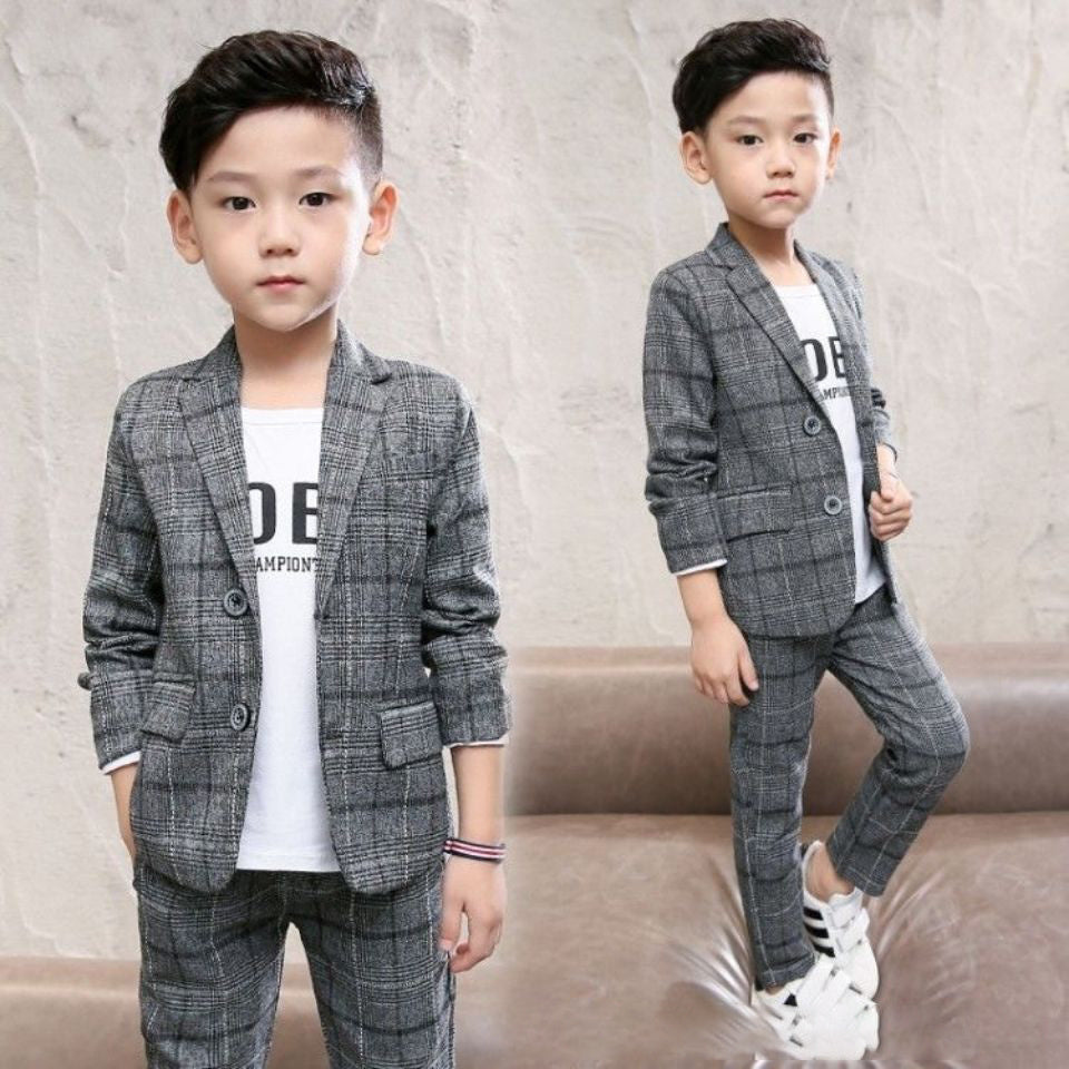 Boys' Two-Piece Casual Plaid Suit Cotton Blend Blouse & Pants