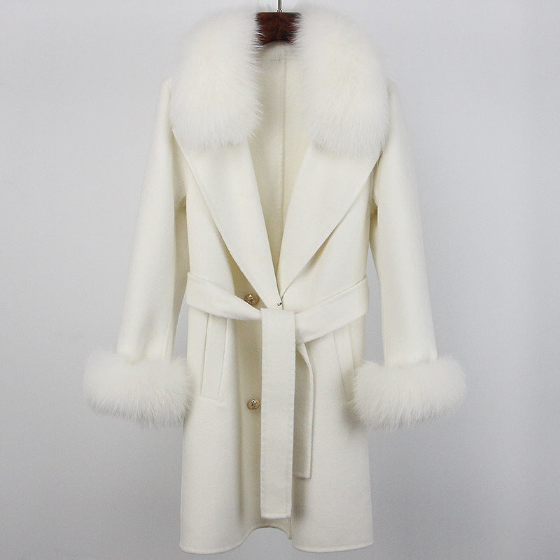 Double-Faced Wool Overcoat Long Slim Fit with Fox Fur Collar