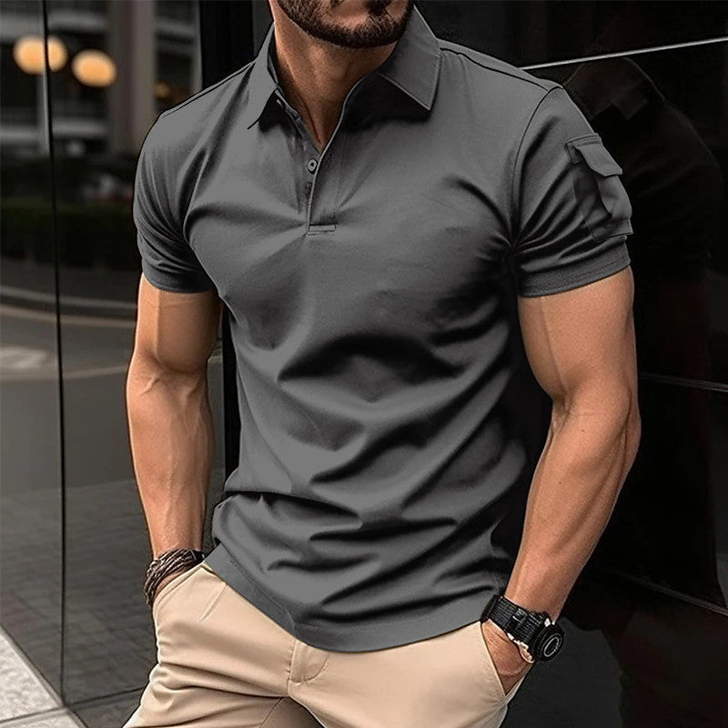 Sweat-shirt à manches courtes, col revers et poches boutonnées pour hommes