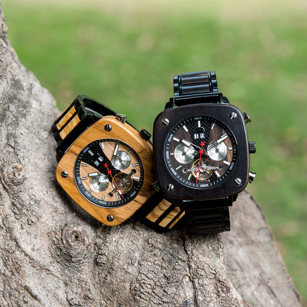 Wooden Mechanical Square Watch Black Technology Vintage Style