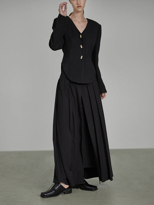 Jupe midi plissée noire chic de printemps pour femme en polyester