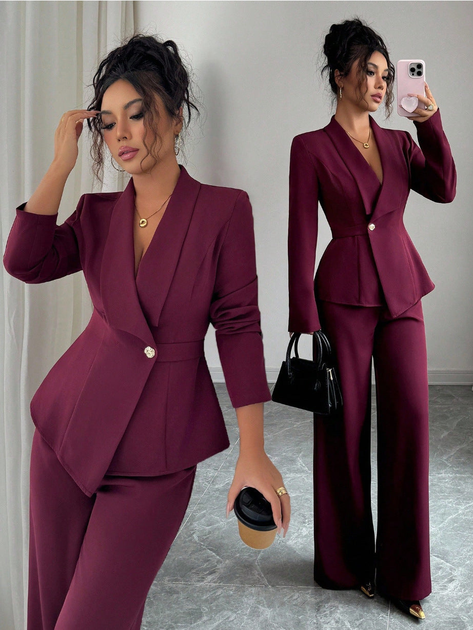Women's Long-Sleeve Suit Jacket with Straight-Leg Pants Set