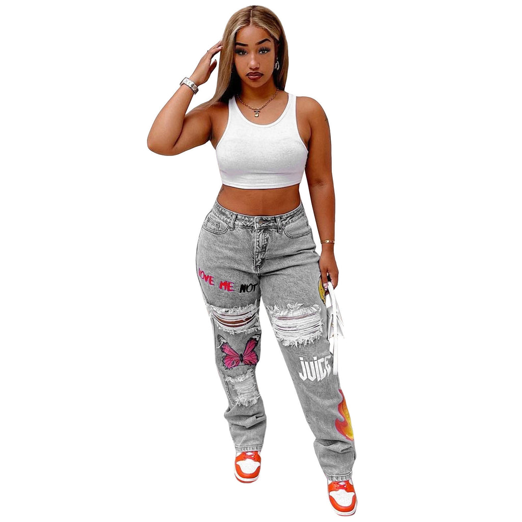 Jean fashion femme taille haute imprimé numérique déchiré bleu