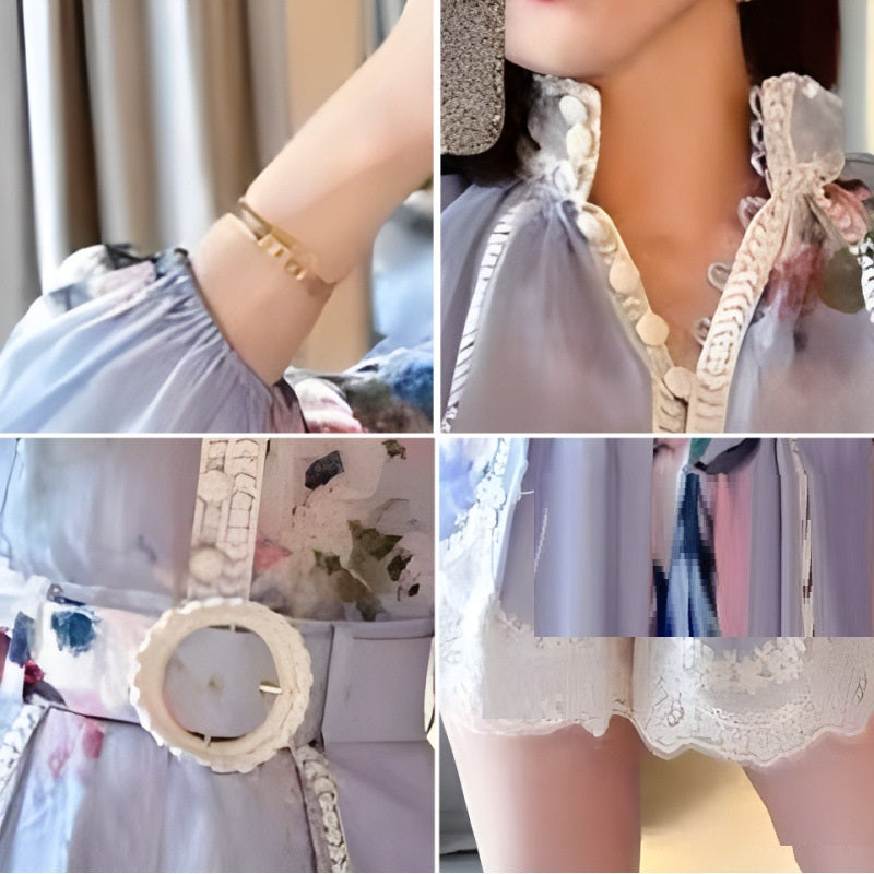 Lace Stitching Single-Breasted Shirt & Wide Leg Shorts Two-Piece Suit for Women