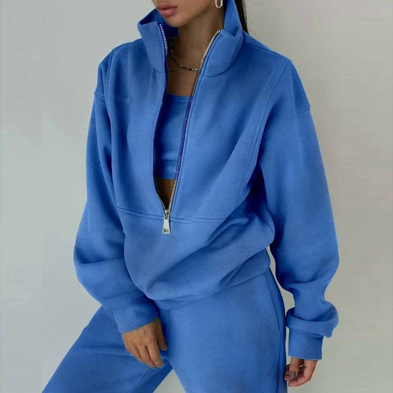Women's Zipper Fleece Sweater and Pants Set - Casual Sportswear