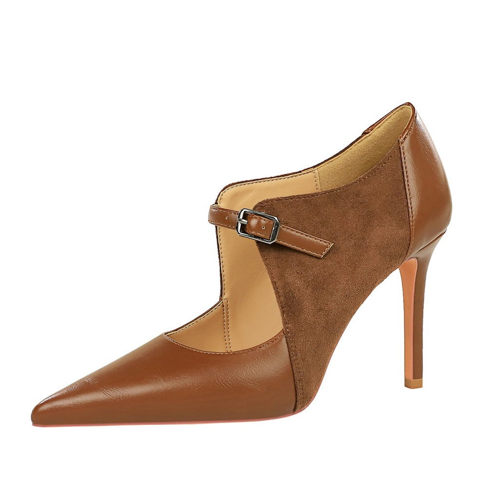 Vintage Suede Stiletto High Heels Pointed Toe Brown Black