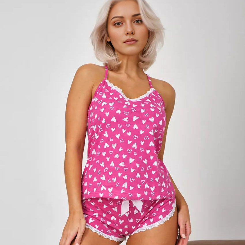 Ensemble de pyjama pour femme avec short à bretelles motif cœur, en polyester, tailles S-L
