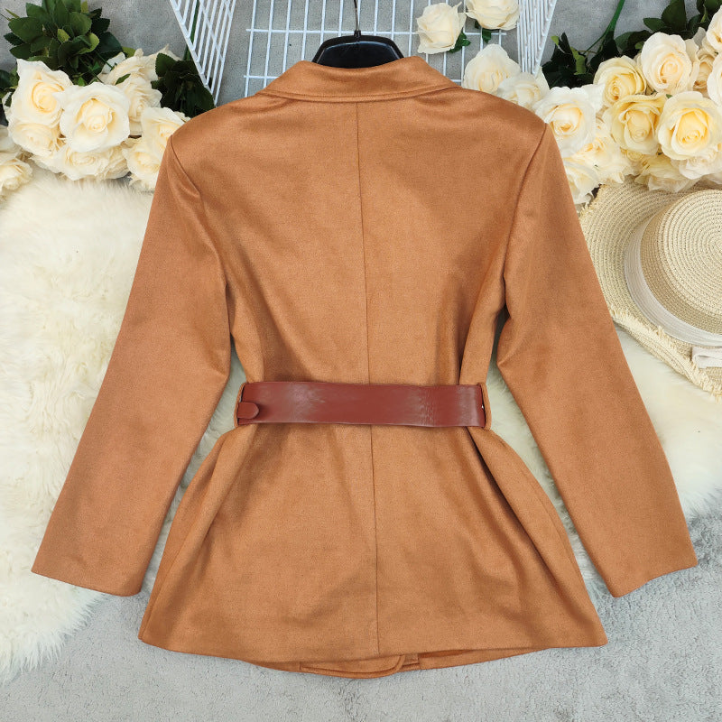 جاكيت بدلة صغير مخملي كاكي شمواه نسائي، مقاس S-XL، قصة فضفاضة