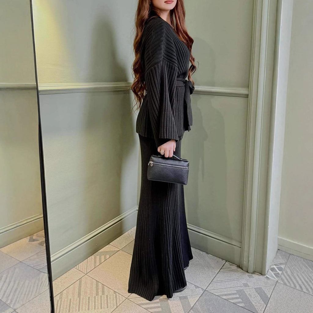 V-Neck Ribbed Sweater Knit Wrap Dress with Straight Skirt & Bow Tie