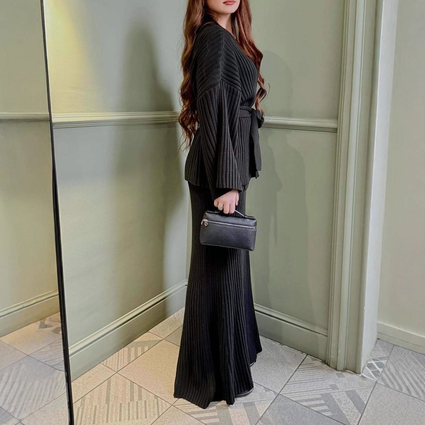 V-Neck Ribbed Sweater Knit Wrap Dress with Straight Skirt & Bow Tie