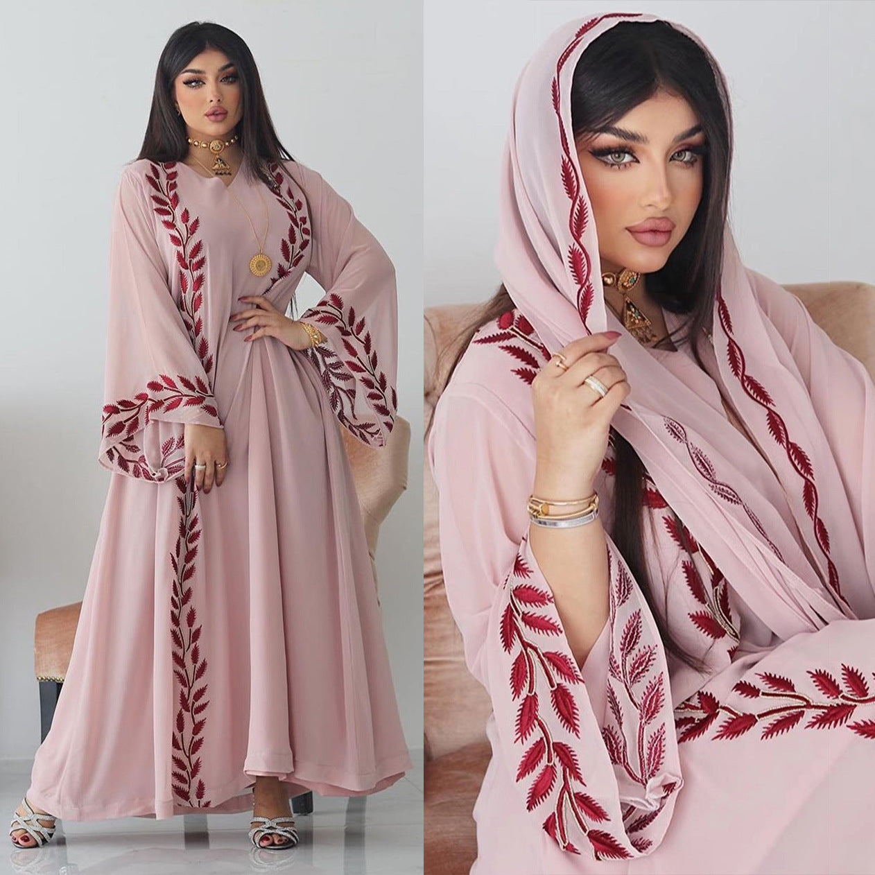 Elegant Pink Embroidered V-Neck Muslim Women's Dress with Headband