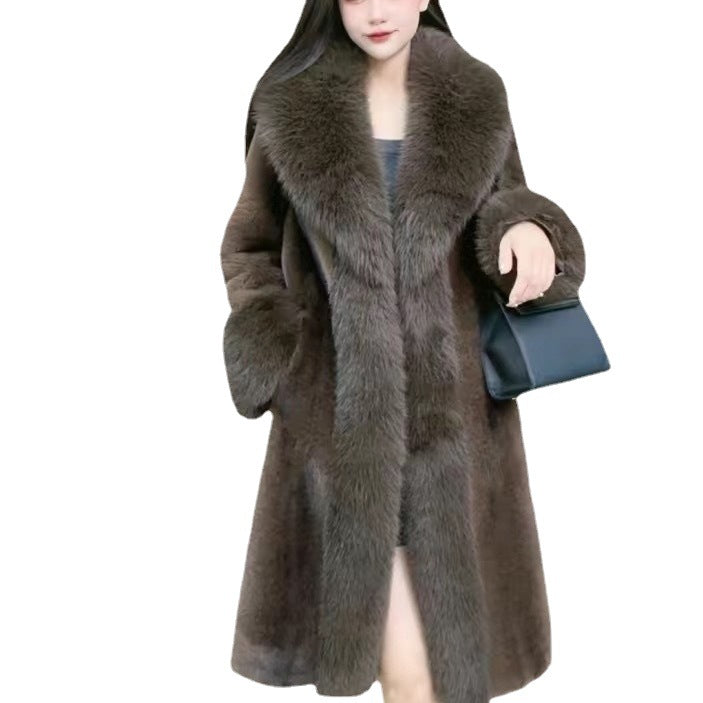 Women’s Mink Fur Collar Leather Overcoat Medium Length