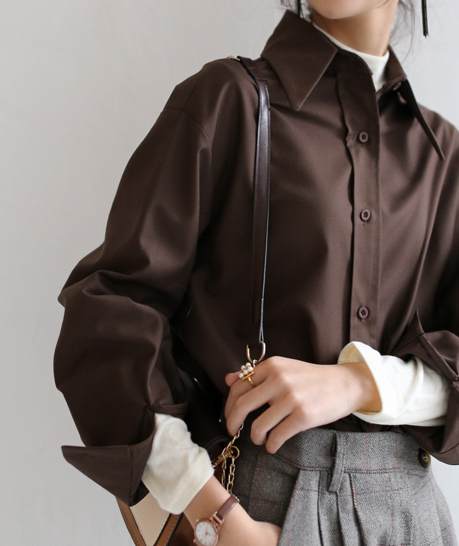 Casual Solid Color Women's Loose V-Neck Long-Sleeve Shirt