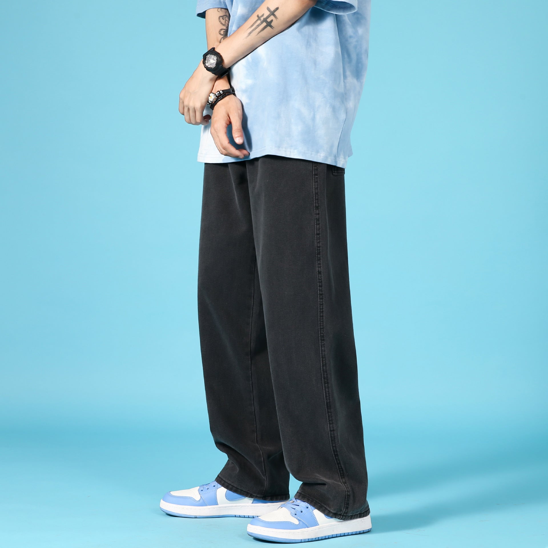 Jeans droits amples pour hommes avec fermeture éclair - Bleu clair, Noir, Bleu, Gris anthracite