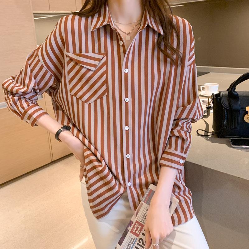 Striped Polyester Cardigan Shirt for Women – Spring & Autumn Slim Fit