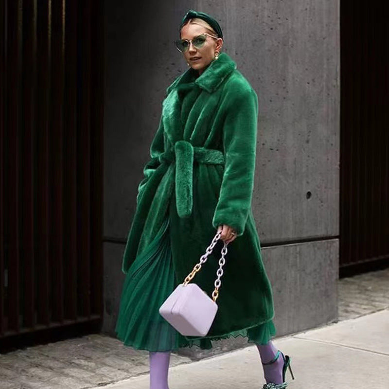 Thickened Long Plush Artificial Fur Cotton Coat Trench