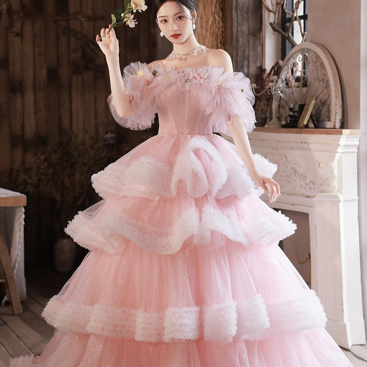 Women's One Shoulder High-End Banquet Flower Dress, Short Sleeve, Long Skirt