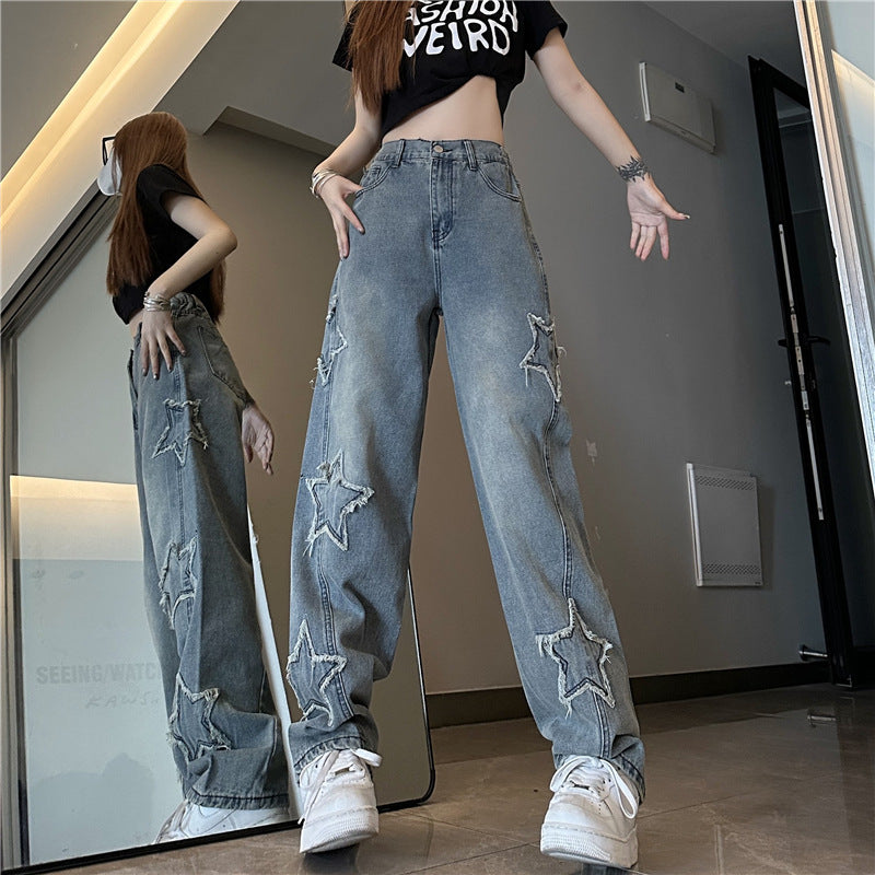 Blue Embroidered High-Waist Loose Straight-Leg Jeans for Women