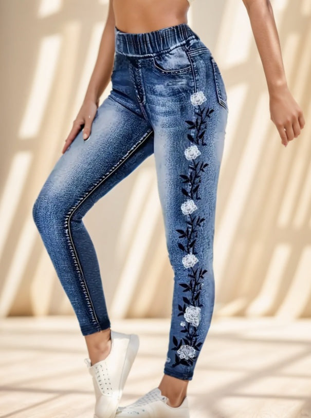 Women's Elegant Patchwork Printed Jeans Full-Length Polyester