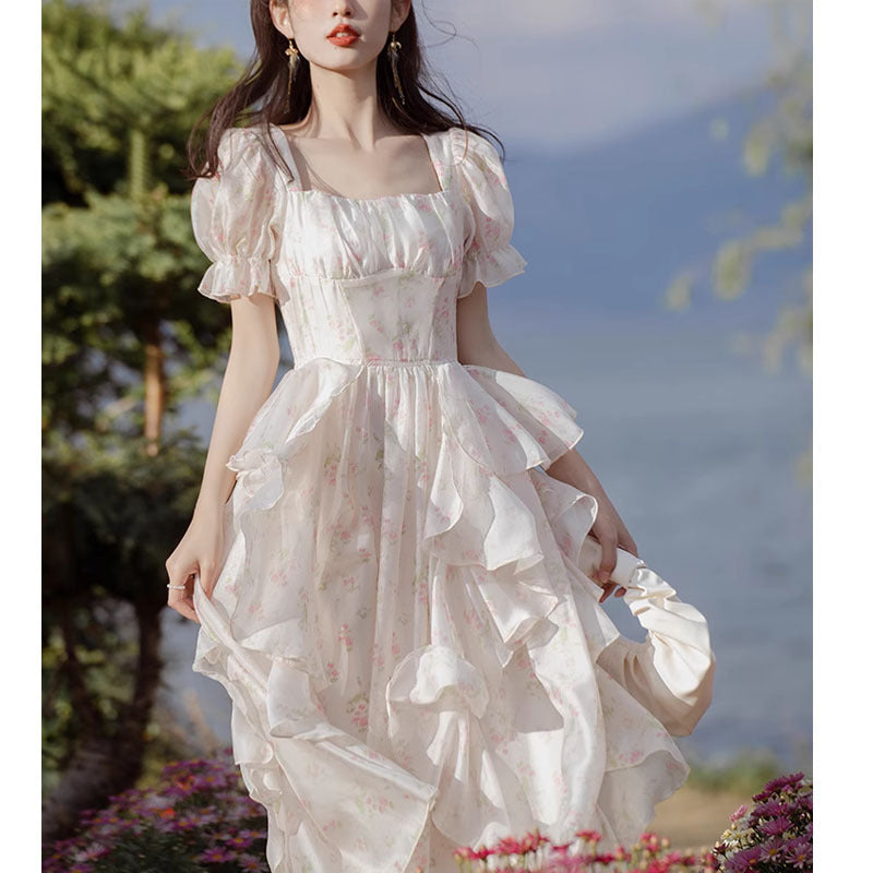 French Style Retro Princess Floral Chiffon Dress