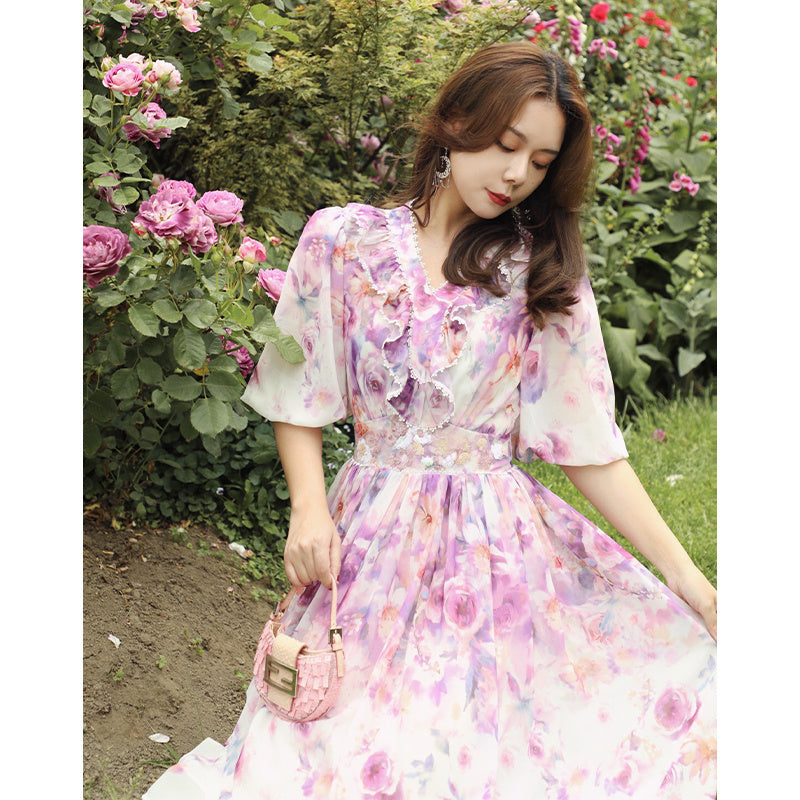 French Heavy Industry Bead Printing Waist V Neck Dress Women's Summer