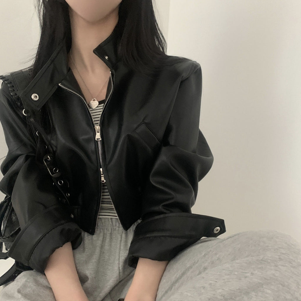 Blouson de moto en cuir pour femme, style rétro français, noir, col montant zippé, taille élastique, taille unique