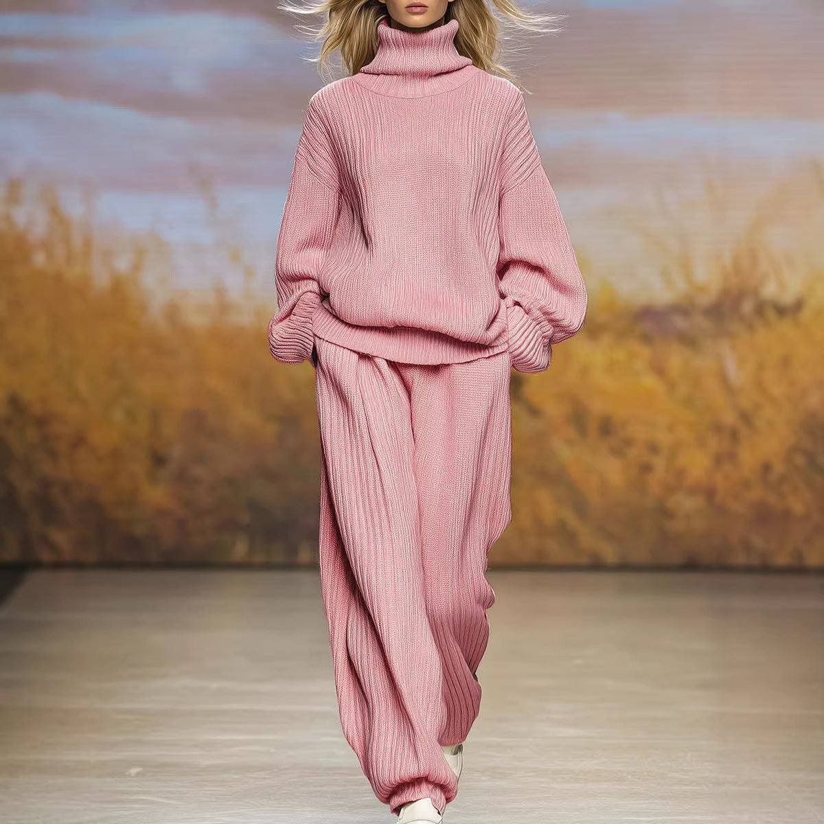 طقم من كنزة بياقة عالية فضفاضة محبوكة وبنطال واسع الساقين