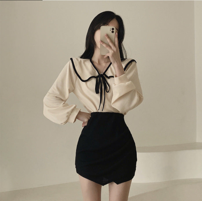 Loose Slimming Lace-Up Lapel Women's Shirt with Lantern Sleeves