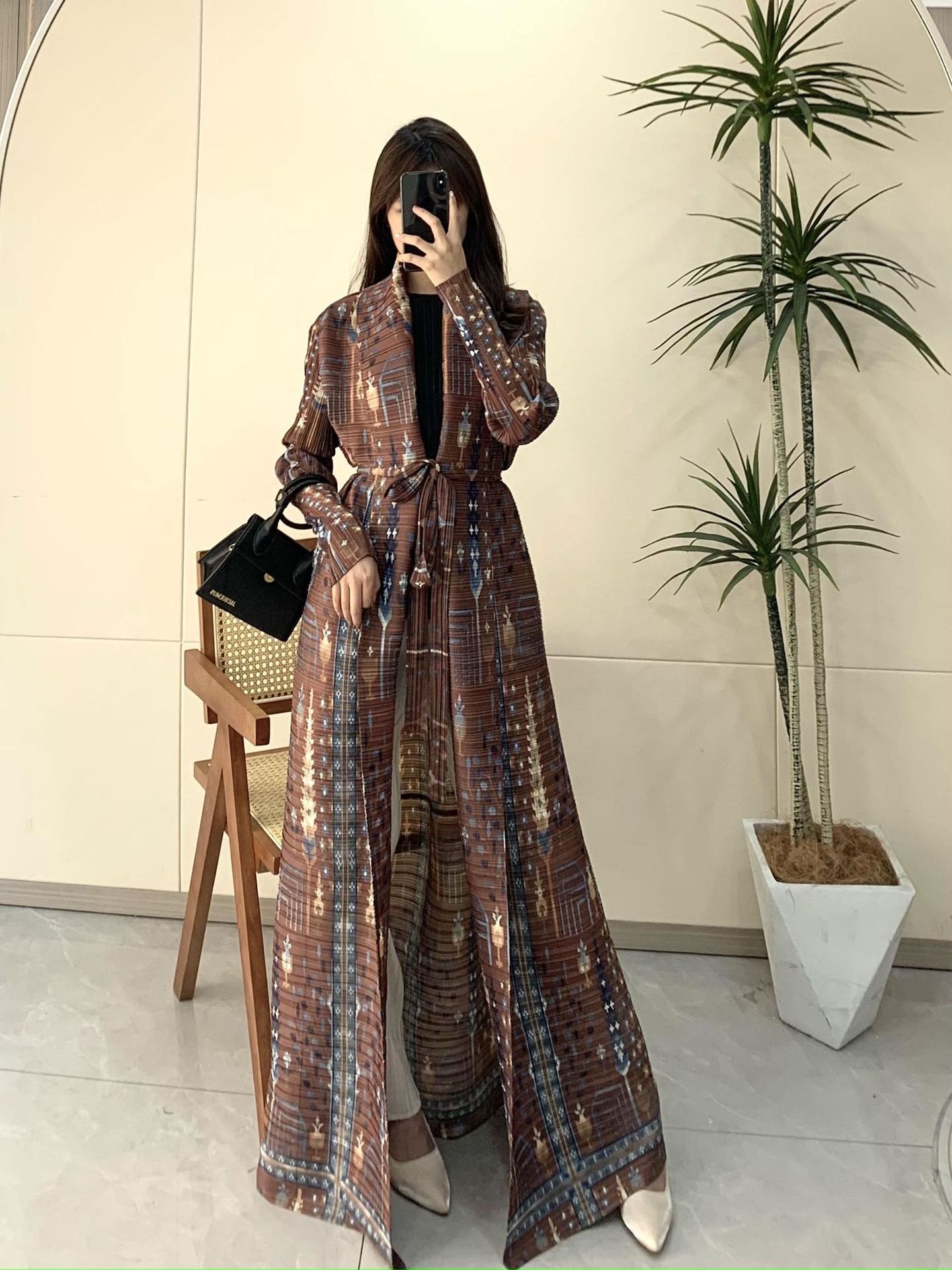 Pleated Print Fashionable All-match Lace-up Loose Arabian Abaya Robe