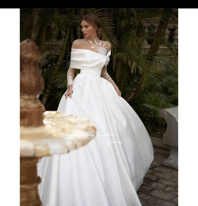 White Satin Raglan Sleeve Long Tutu Wedding Dress