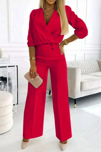 Women's Solid Color And V-neck Two-button 2-piece Trousers Suit
