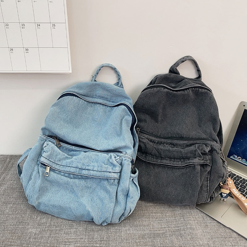 Minimalist Washed Denim Canvas Shoulder Bag - Blue & Grey, 38x34x12CM