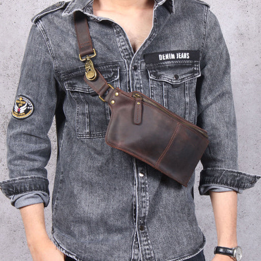 Men's Large-Capacity Dark Brown Cowhide Leather Retro Chest Bag Crossbody