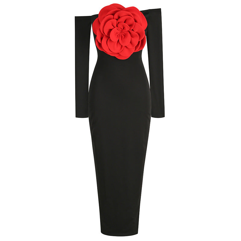 European & American Style Black Tube Top Slim Fit Backless Flower Split Dress
