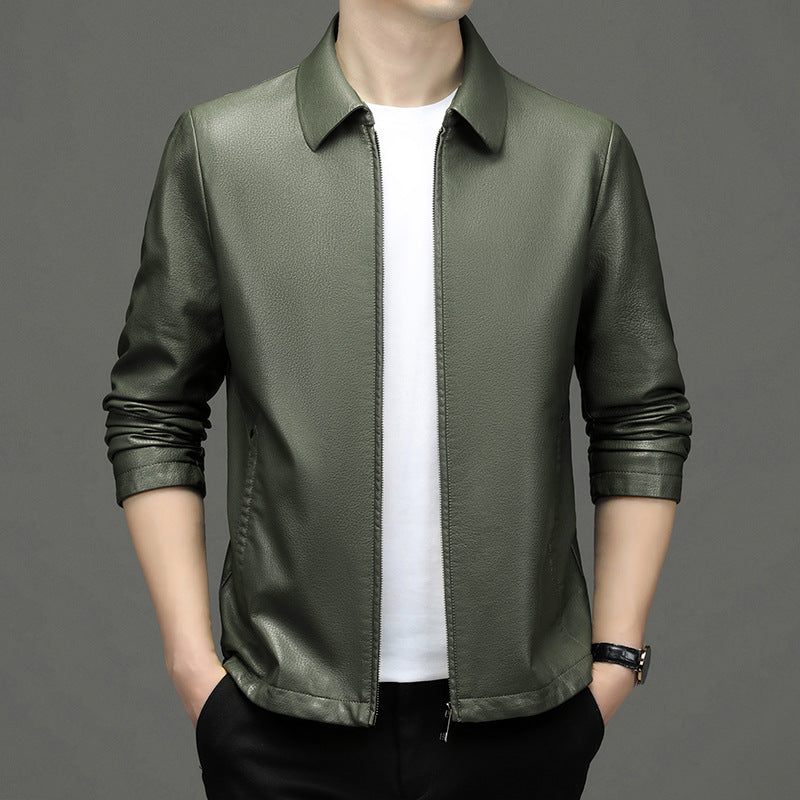 Men's Lapel Real Cowhide Leather Coat Jacket Ecological