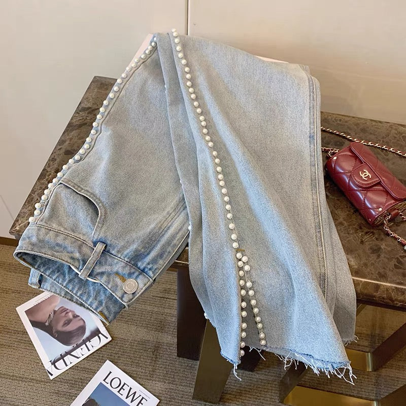Jean skinny femme bleu clair taille haute avec fente et perles