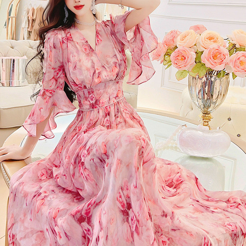 Women's Pink Floral High Waist Chiffon Dress