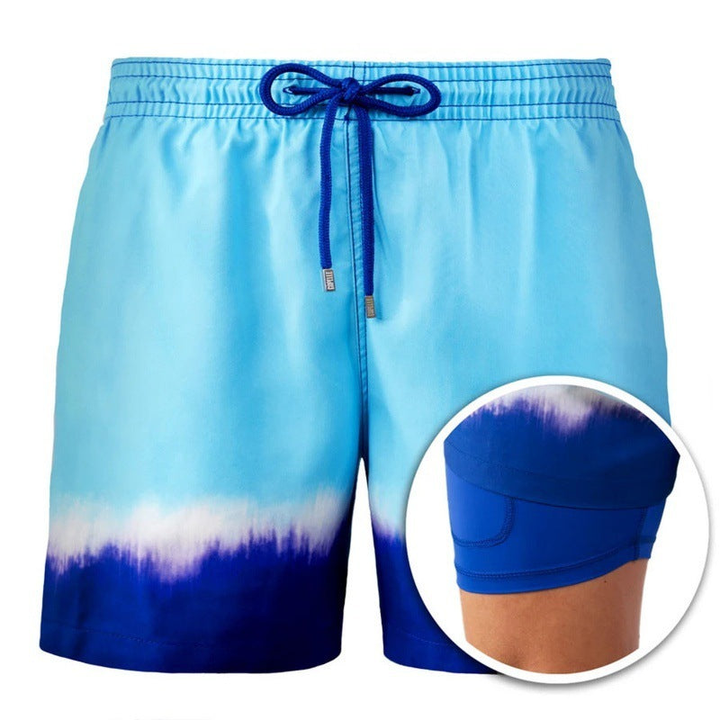 Men's Printed British Stripe Beach Shorts Double Layer Cotton Blend