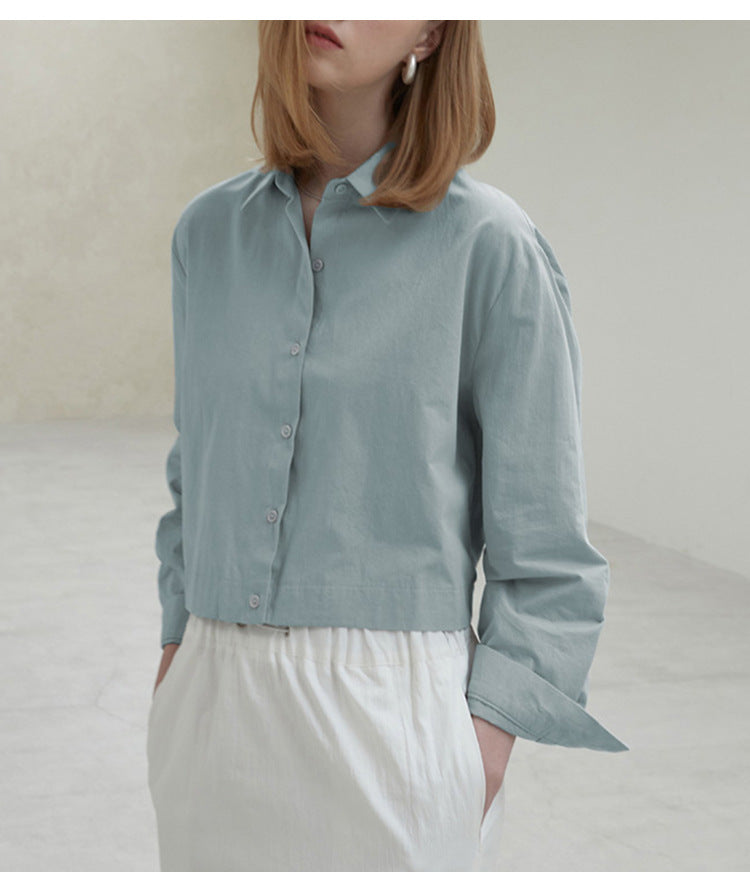 Cotton Hem Elastic Waist Slimming Solid Color Long Sleeve Shirt