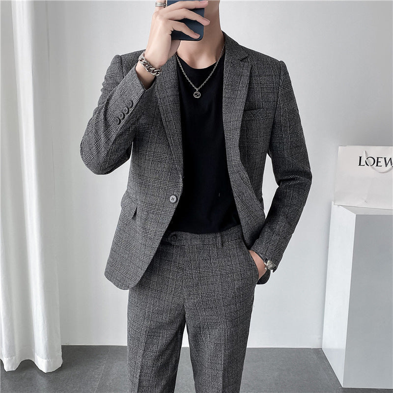 Men's Slim Fit Plaid Two-Piece Business Casual Suit