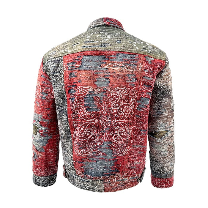 Red Cashew Flower Denim Jacket with Lapel Collar