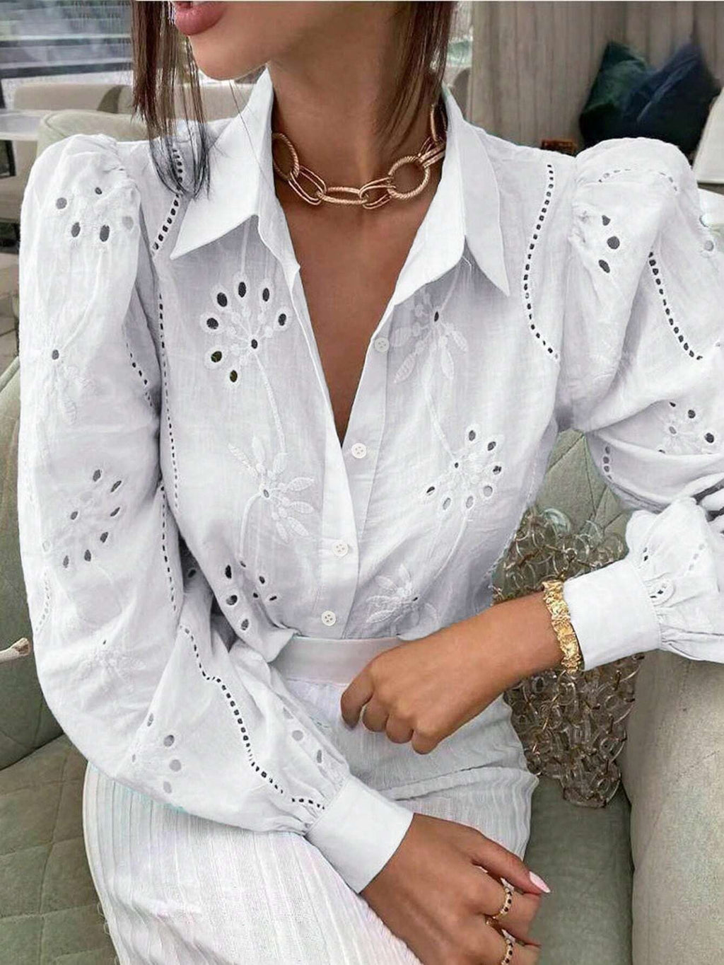 Women's Embroidered Single-Breasted Long-Sleeve Lapel Shirt