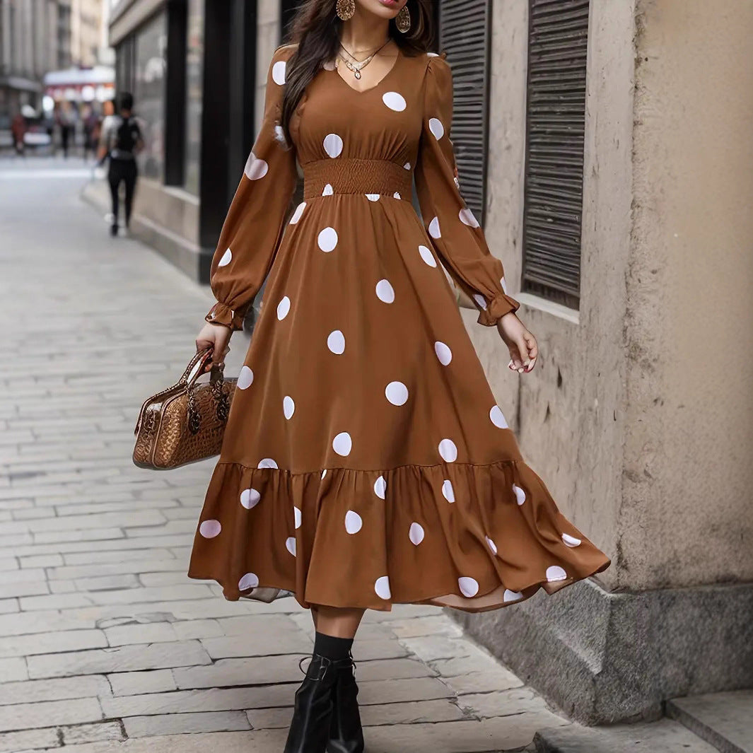 V-neck Long Sleeve Ruffled Hem Dress