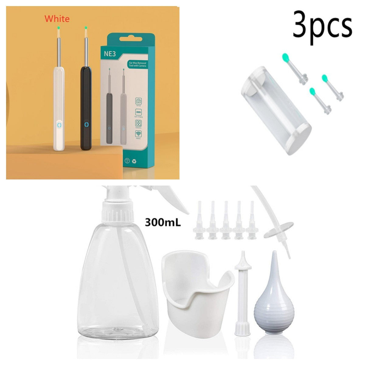 Oreillette endoscopique NE3 sans fil avec caméra et lumière LED, kit de nettoyage de cérumen pour iPhone